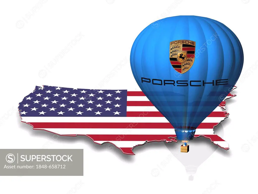 Outline of the U.S. with the national flag, hot air balloon with the logo of Porsche