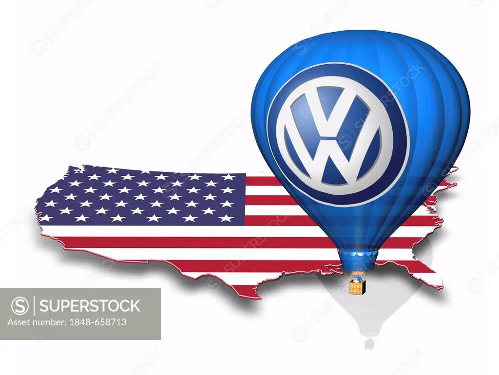 Outline of the U.S. with the national flag, hot air balloon with the logo of Volkswagen