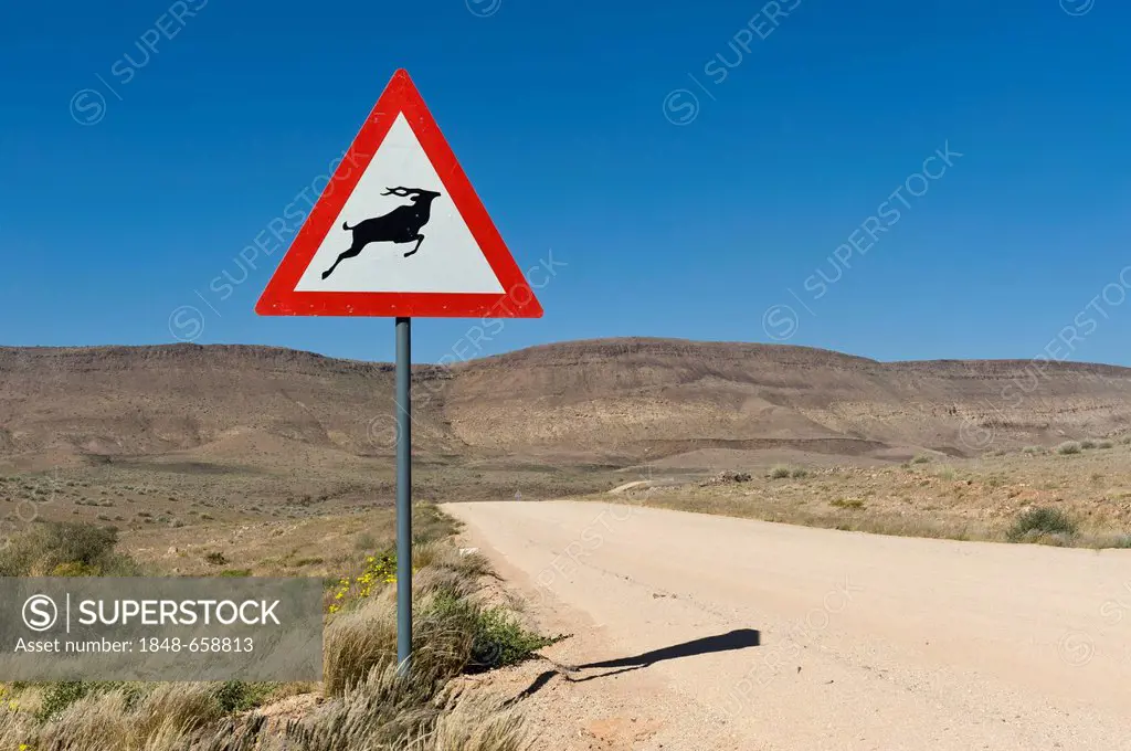 Traffic sign, warning Eland antelopes crossing, road D39 in the Karas Region, Namibia, Africa