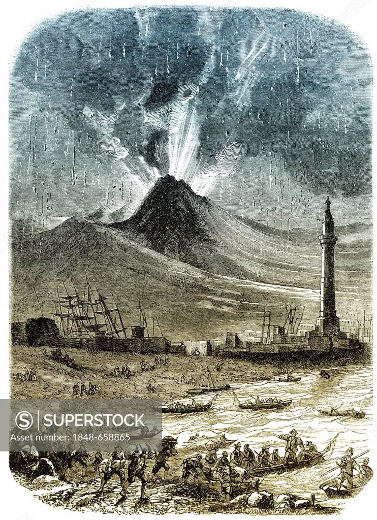 Historic drawing, 19th century, the volcanic eruption on 8th December 1861, Mount Vesuvius, Bay of Naples, Campania, Italy, Europe