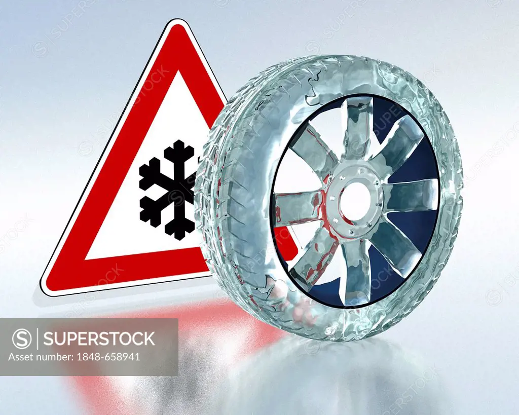 Car tyre made of ice with a traffic warning sign for snow and icy roads, symbolic image for the mandatory use of winter tyres