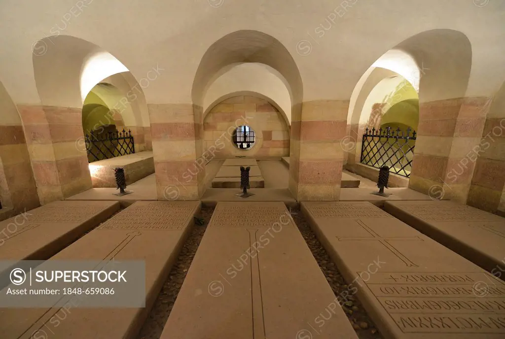 Tombs of the Salian Dynasty, crypt, the largest Romanesque columned hall in Europe, Speyer Cathedral, Imperial Cathedral Basilica of the Assumption an...