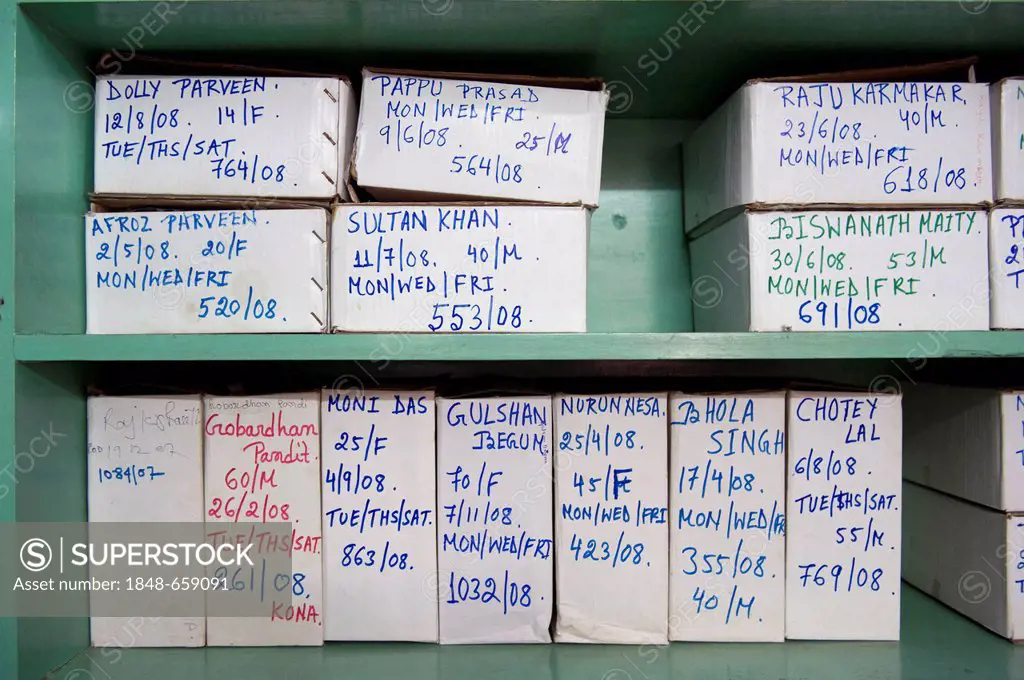 Boxes with medication to treat tuberculosis, St. Thomas Home Hospital, German Doctors, Shibpur district, Haora or Howrah, Calcutta, Kolkata, West Beng...