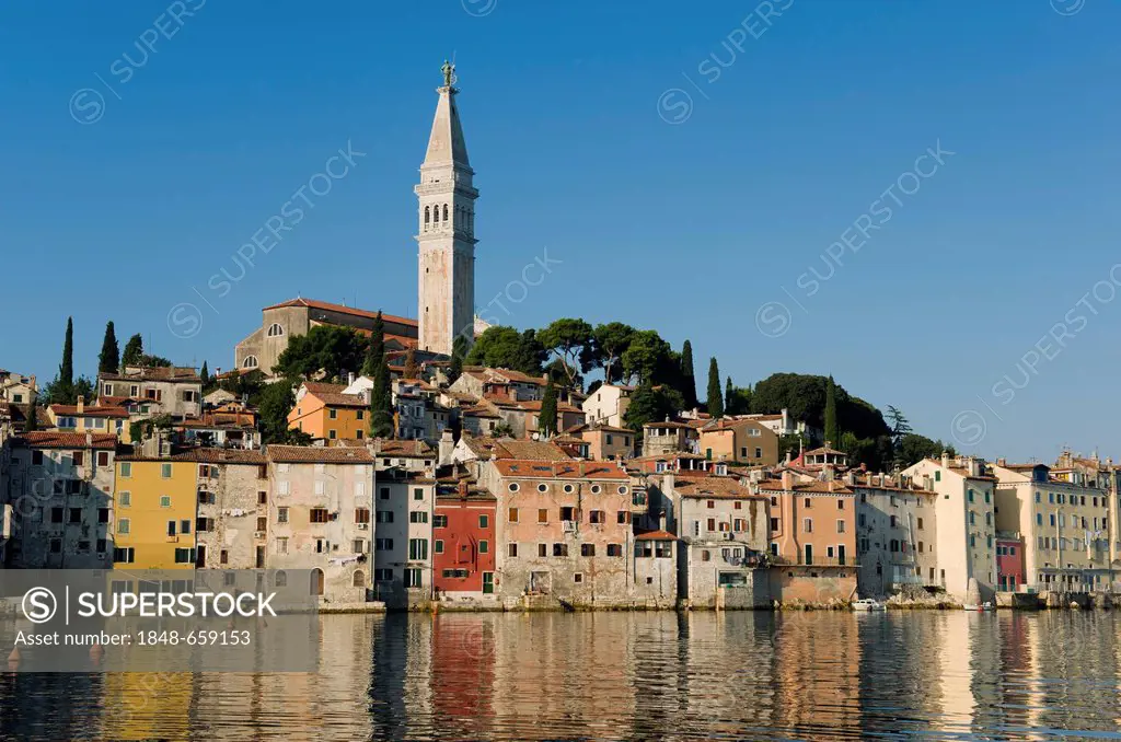 View towards the historic town centre with Sv. Eufemia Church in Rovinj, Istria, Croatia, Europe