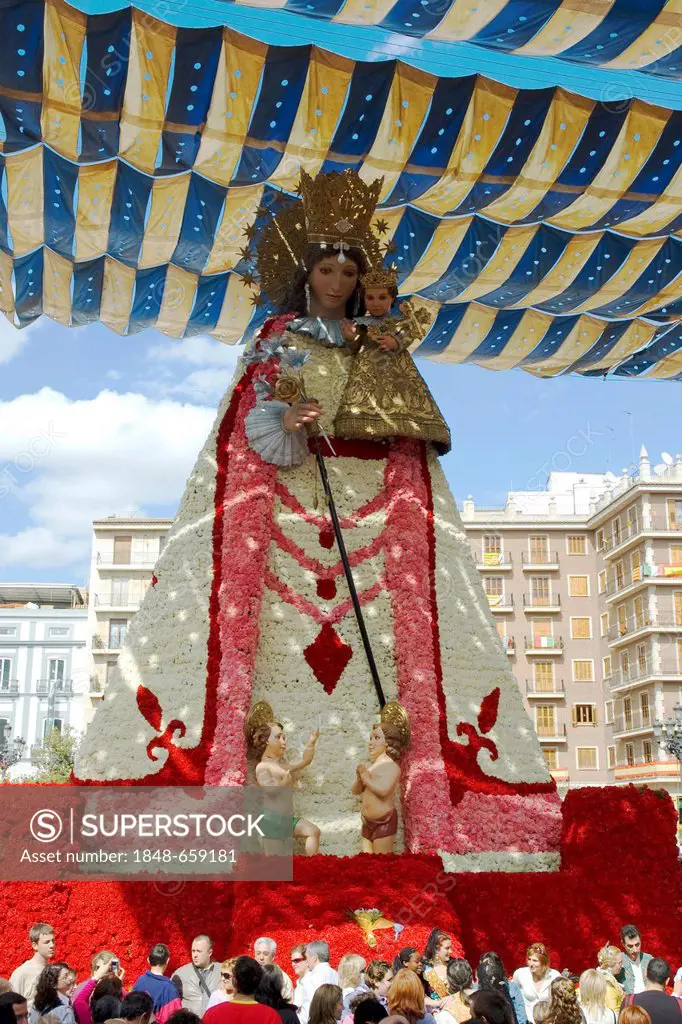 Sculpture made of flowers, Virgen de los Desamparados, virgin of the defenceless, patron saint of Valencia, Fallas festival, Falles festival in Valenc...