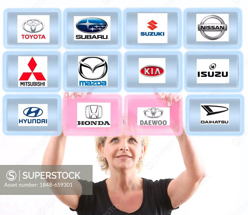 Woman working with a virtual screen, touch screen, Asian car brands