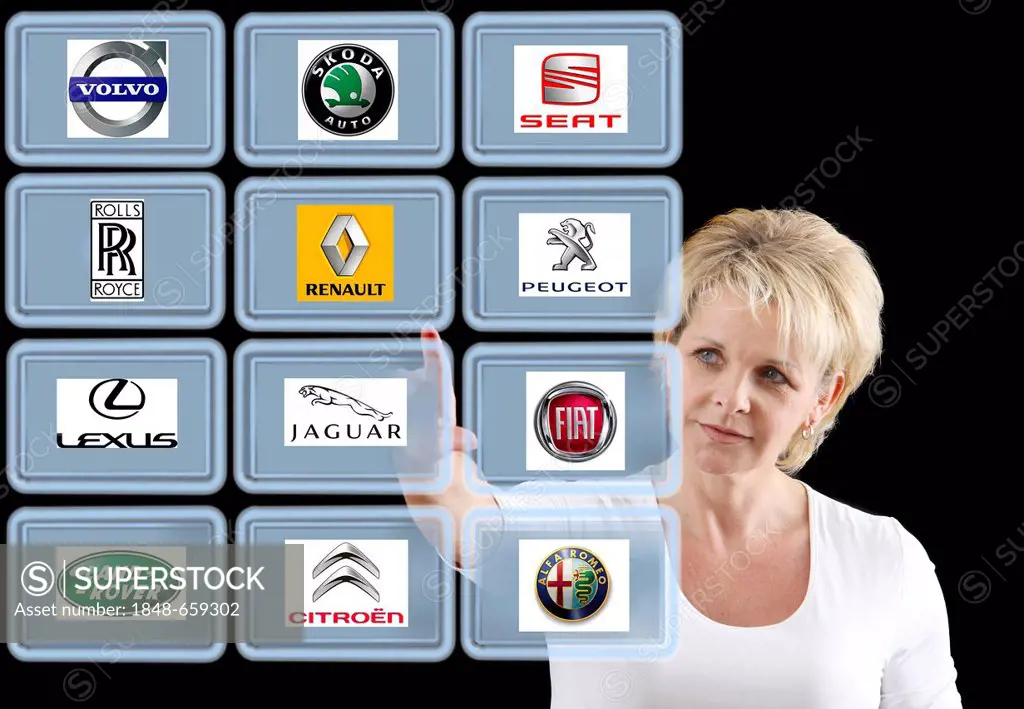 Woman working with a virtual screen, touch screen, European car brands