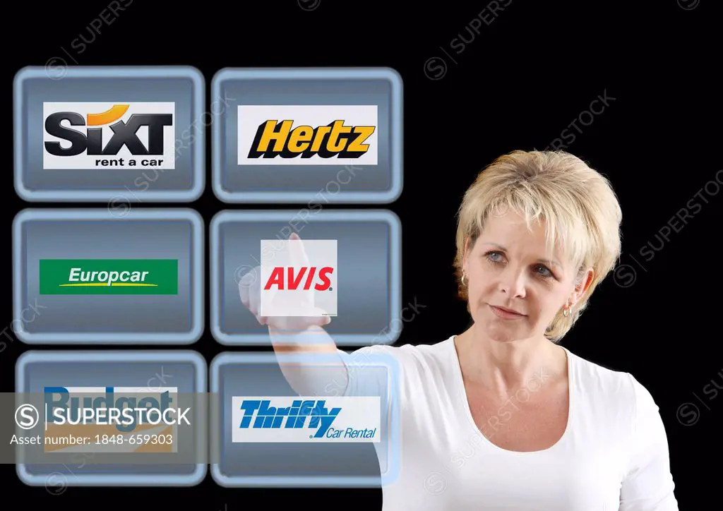 Woman working with a virtual screen, touch screens, rental car companies