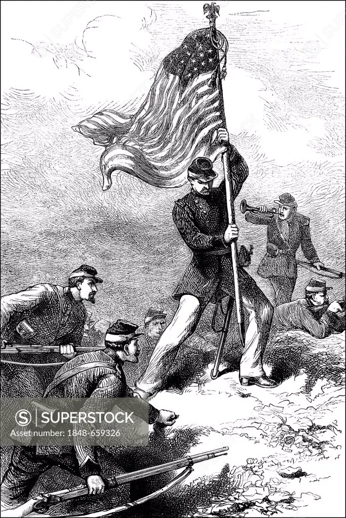 Historical scene, US-American history, 19th century, soldiers setting up the American flag during the Battle of Vicksburg, 1863, American Civil War, V...