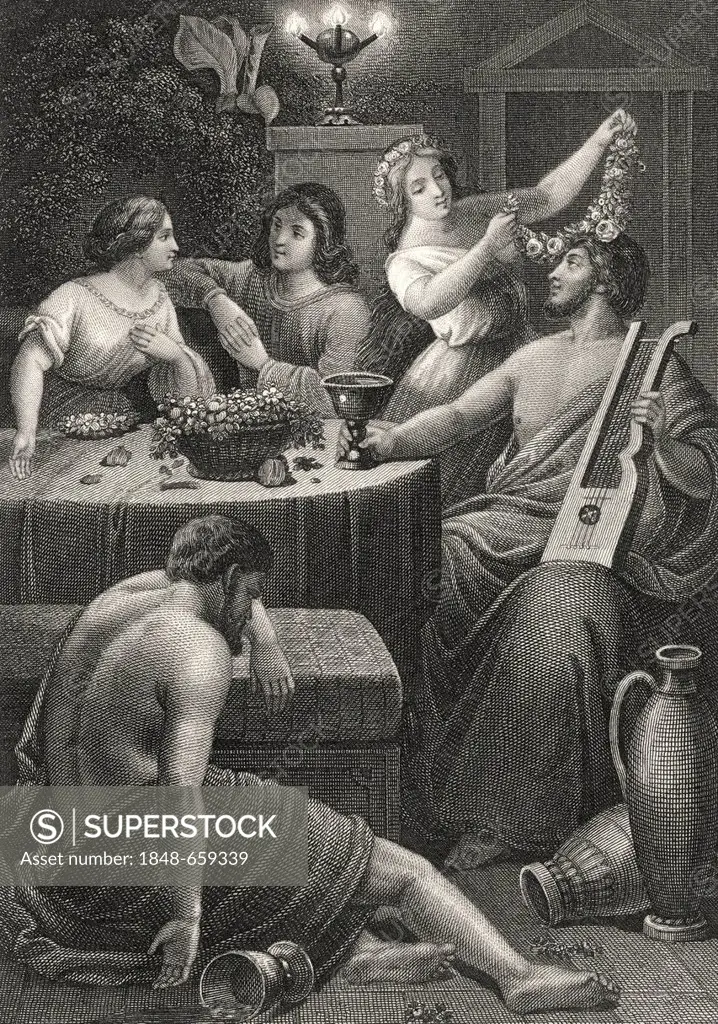 Historic steel engraving by Johann Baptist Wilhelm Adolf Sonderland, 1805 - 1878, a German illustrator, a Greek drinking orgy with a lyre, a scene fro...