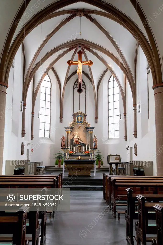 Interior view and the sanctuary of Marienkirche Church, Franciscan monastery, Wiedenbrueck, Rheda-Wiedenbrueck, Muensterland region, North Rhine-Westp...