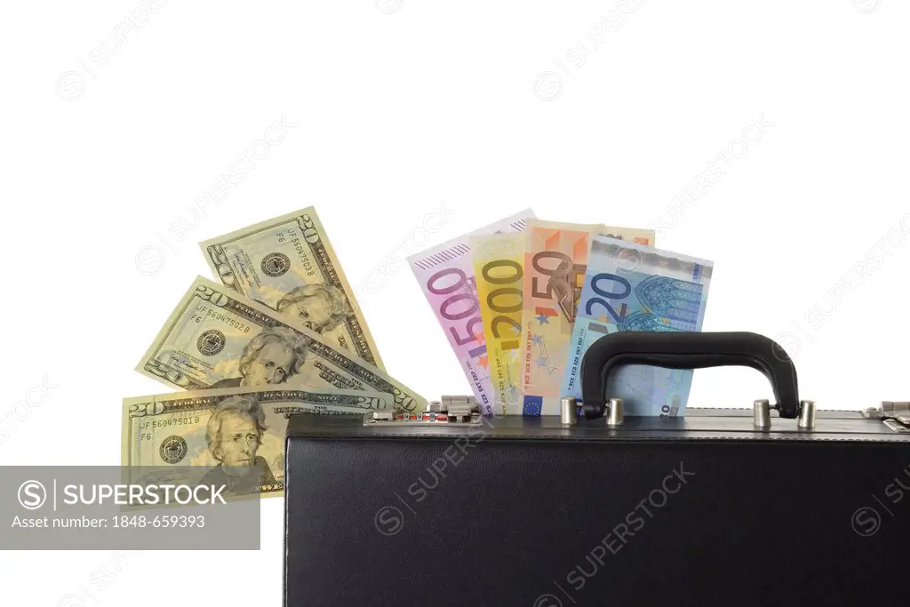 Symbolic image for exchange rate, international business, trade balance, 20 dollar bills, euro, briefcase, suitcase full of money