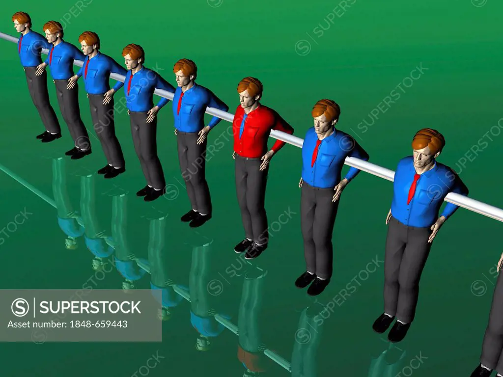 Many blue and one red Foosball figures, illustration, symbolic image