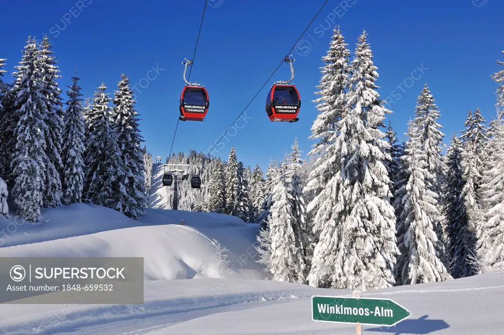 Gondola lift or cable car, Winklmoos-Alm skiing area, Chiemgau region, Bavaria, Germany, Europe