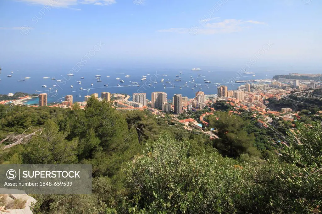 Principality of Monaco, general or panoramic view from the Grande Corniche, Côte d'Azur, Mediterranean, Europe