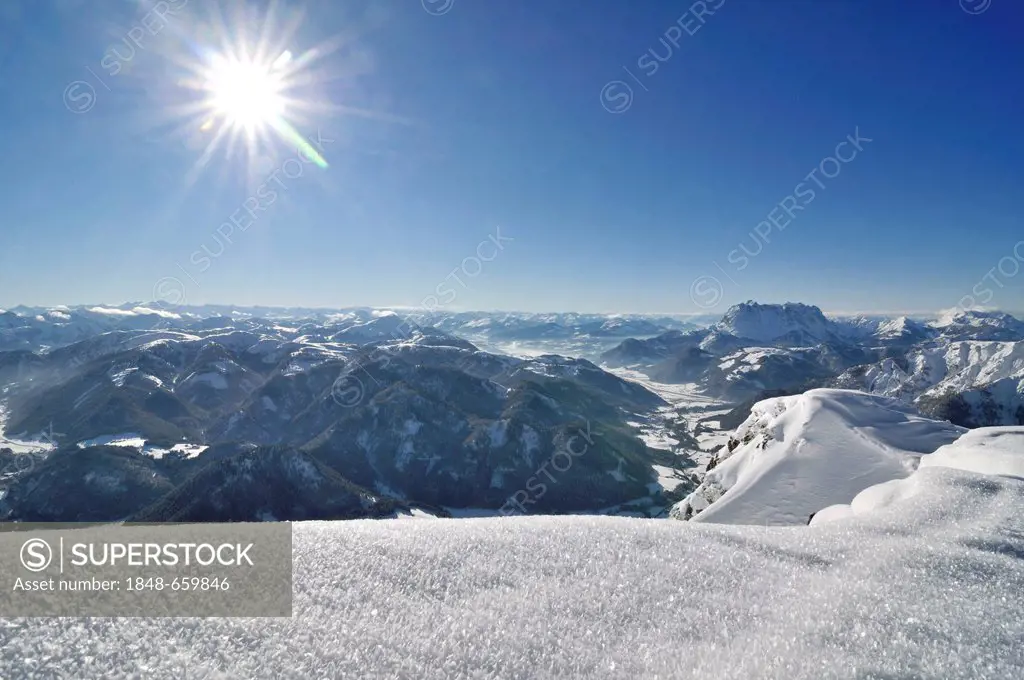 View of Wilder Kaiser mountain as seen from Steinplatte mountain, Reit im Winkl, Chiemgau, Bavaria, Germany, Tyrol, Austria, Europe