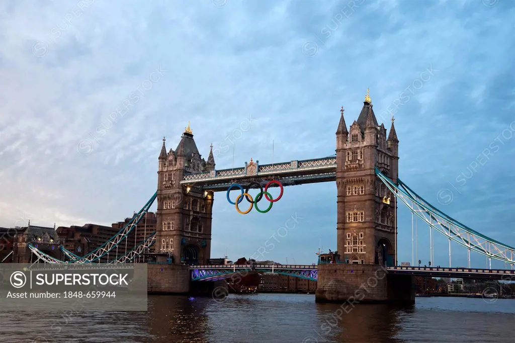 Tower Bridge with Olympic Rings at dusk, London, England, United Kingdom, Europe