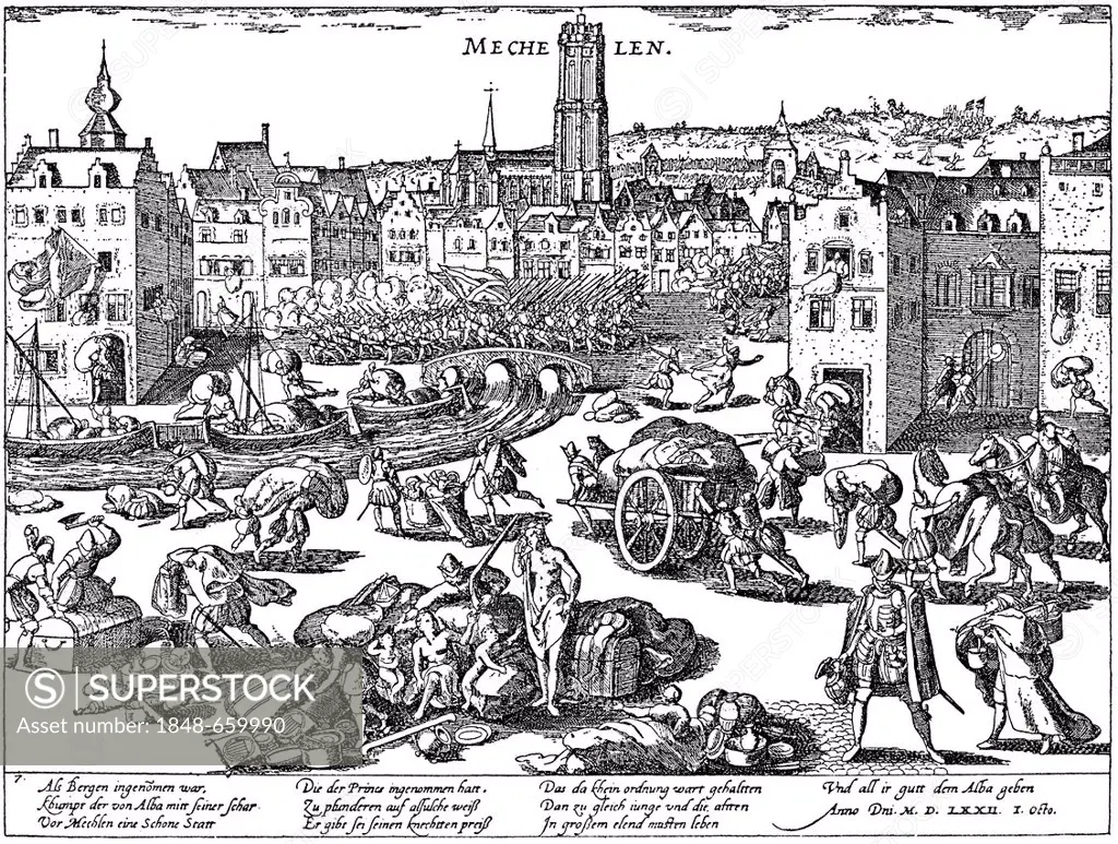 Historic drawing, the looting of Mechelen by the Spaniards on 1st October 1572, Spanish Netherlands, 16th century