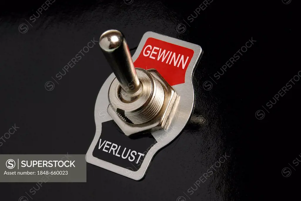 Toggle switch, labelled Gewinn and Verlust, German for win and loss, symbolic image