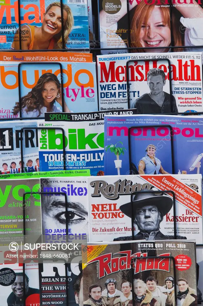 Magazine rack, colourful diversity in a display stand at a newsagents