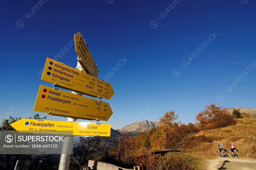 Signposts en route to Gotzenalm alp, Berchtesgadener Land district, Upper Bavaria, Bavaria, Germany, Europe