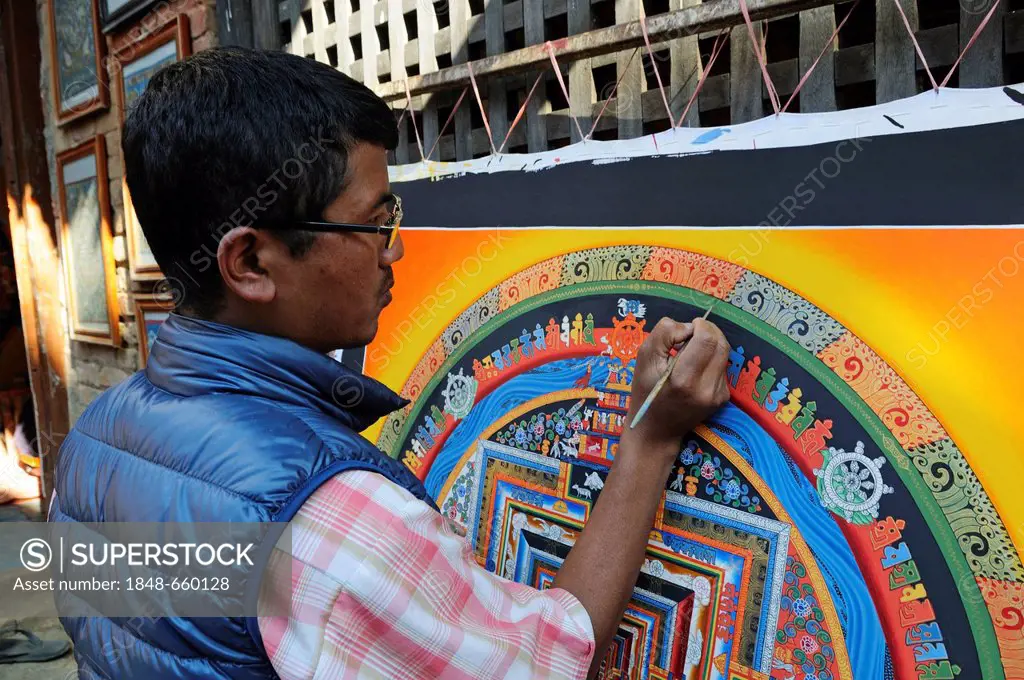 Painter creating a Thangka picture, Changu Narayan, Kathmandu Valley, Nepal, Asia