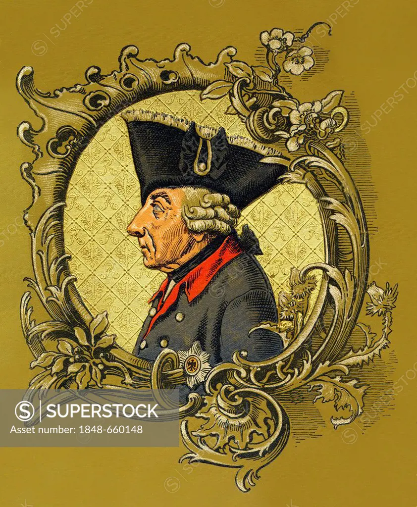 Title page of a book with Frederick the Great also known as Frederick II, history painting from the 19th century