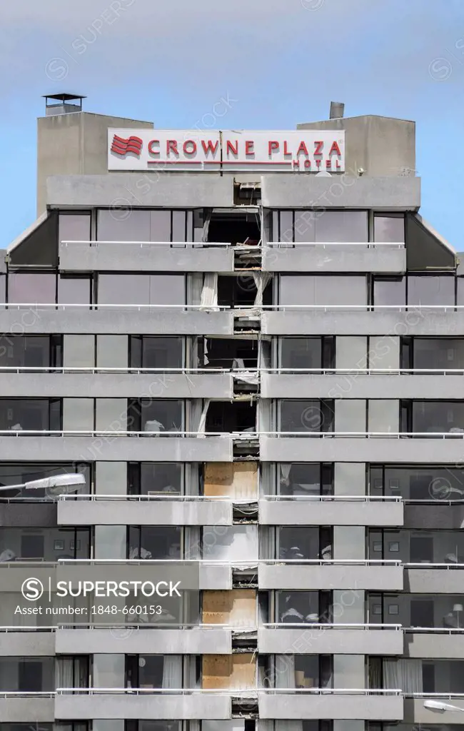 Facade of the famous Crown Plaza Hotel, heavily damaged by earthquakes, Christchurch, South Island, New Zealand