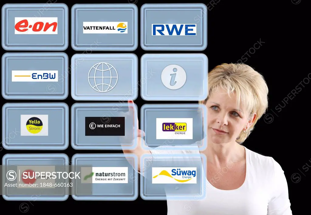 Woman working with a virtual screen, touch screens, power suppliers