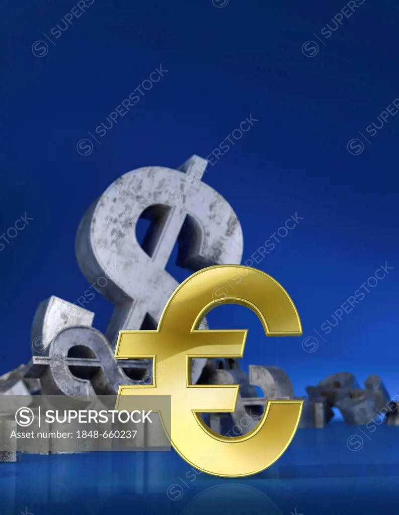 Euro sign in front of a dollar sign, conceptual image, symbolic images, 3D rendering, illustration