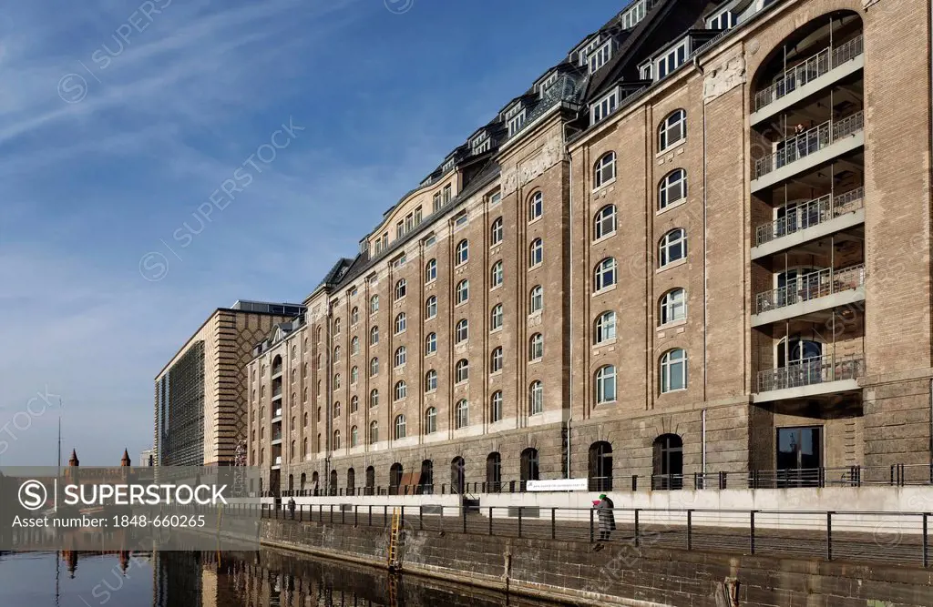 Renovated warehouse building on the Spree river, former Osthafen harbour, Friedrichshain district, Berlin, Germany, Europe