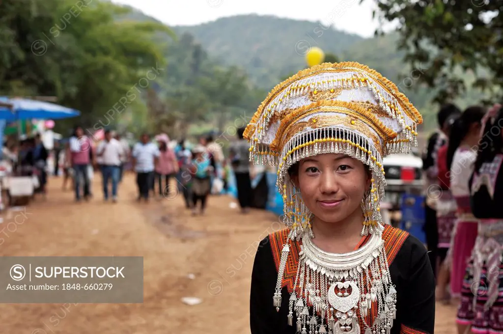 Traditionally dressed Hmong woman at a new year festival at Hung Saew village, Chiang Mai, Thailand, Asia