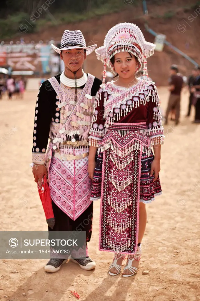 Young Hmong couple, traditionally dressed, at a new year festival at Hung Saew village, Chiang Mai, Thailand, Asia