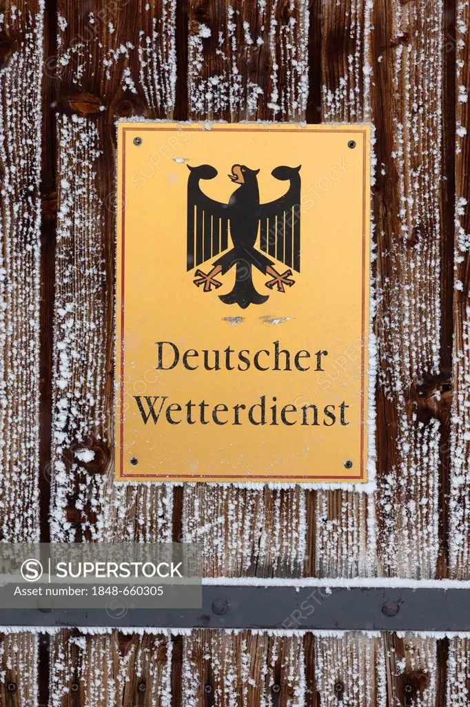 Sign Deutscher Wetterdienst, German Weather Service, on Zugspitze mountain, Bavaria, Germany, Europe