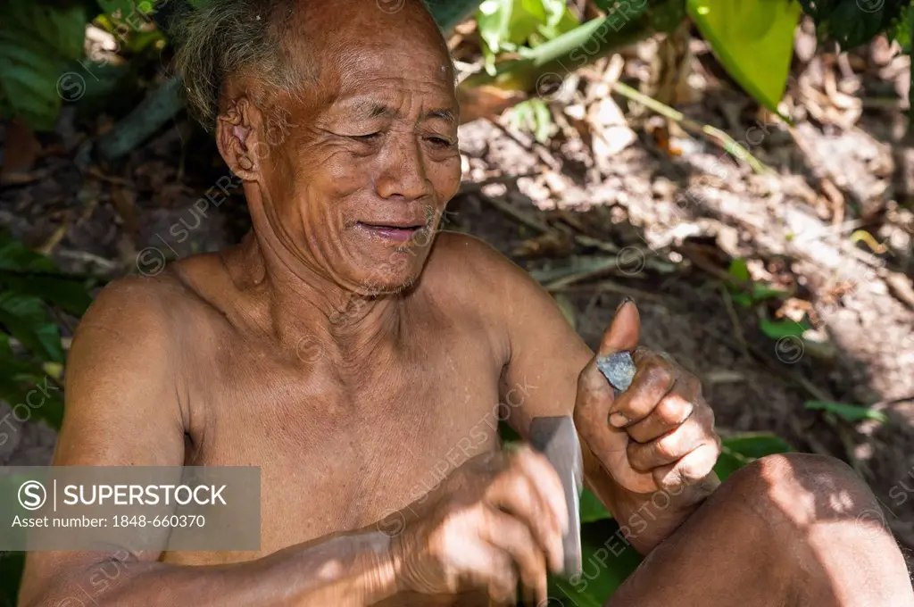 Elderly man from the Mlabri, Mrabri, Yumbri, Ma Ku or Spirits of the Yellow Leaves hill tribe, ethnic minority, nomads, holding flint, Northern Thaila...