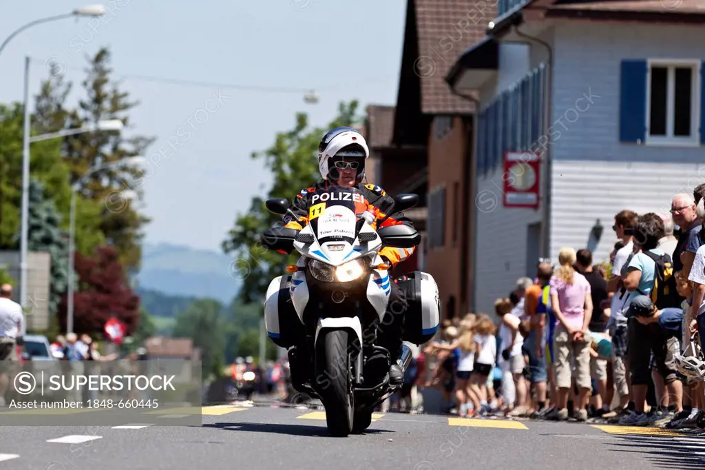 Motorcycle, tour police at the final stage of the Tour de Suisse 2012 Naefels to Soerenberg, Switzerland, Europe