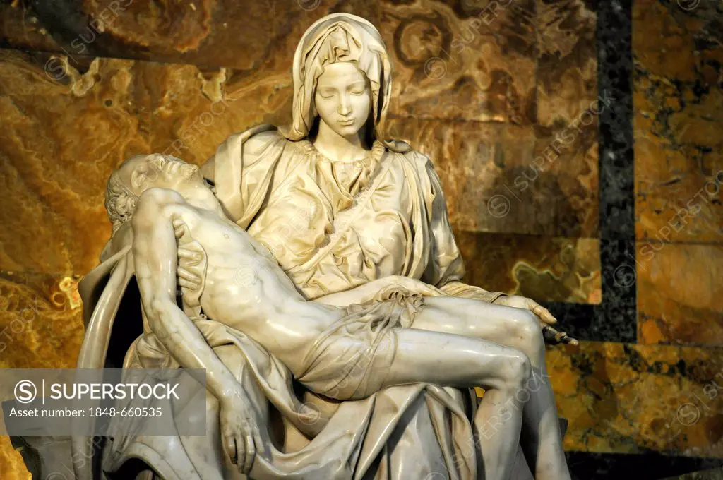 Pieta, sculpture by Michelangelo Buonarroti in St. Peter's Basilica, Vatican City, Rome, Lazio region, Italy, Europe