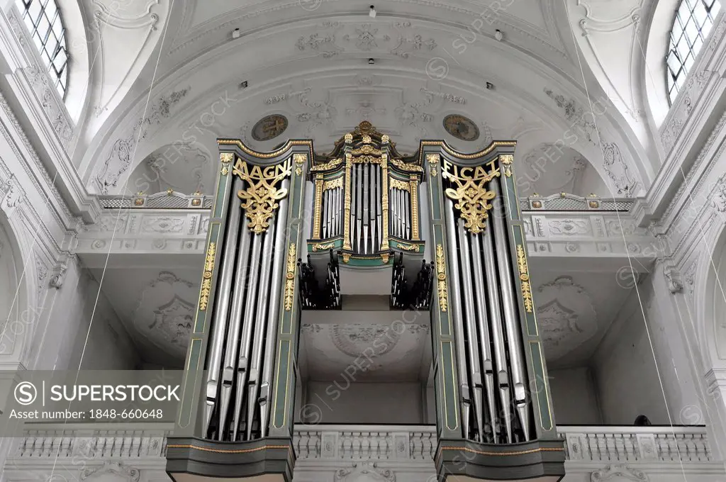 Interior view, organ, basilica and pilgrimage church of St. Anna, Altoetting, Bavaria, Germany, Europe