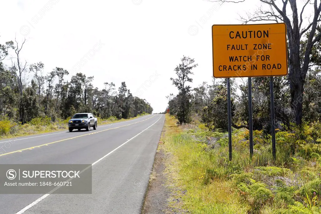 Warning sign, fault zone, Hawai'i Volcanoes National Park, Big Island of Hawaii, USA