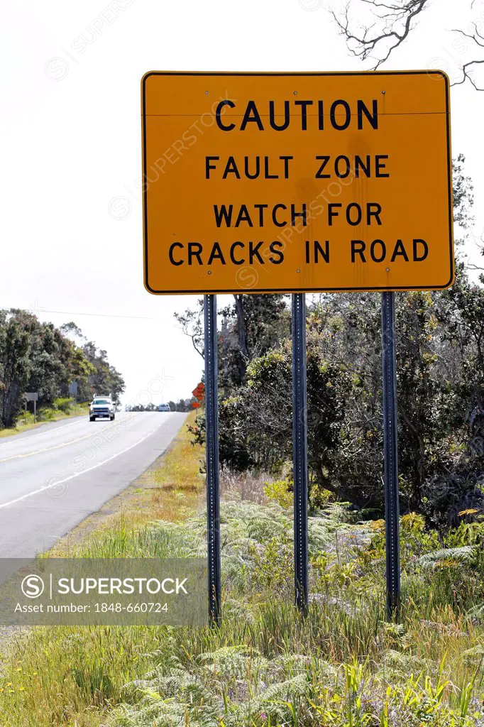 Warning sign, fault zone, Hawai'i Volcanoes National Park, Big Island of Hawaii, USA