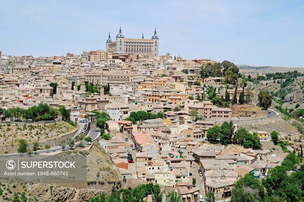 Alcazar, Castillo, Castle, Old Town, view of the town, Toledo, Castile-La Mancha, Spain, Europe, PublicGround