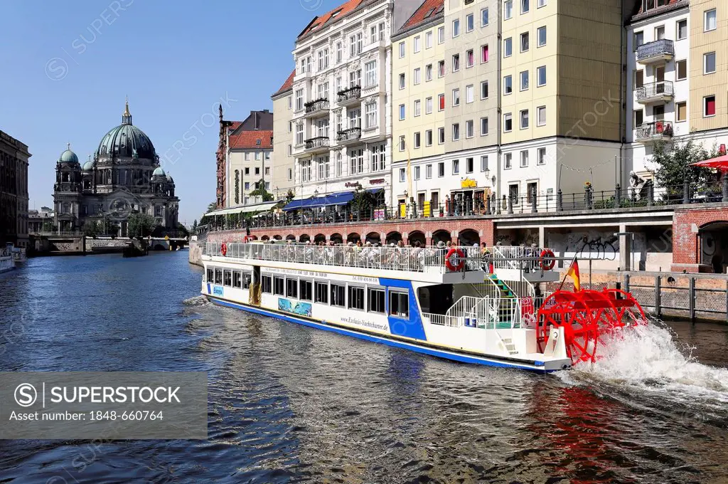 Pleasure boat on the Spree river, Berlin Cathedral at the back, Berlin, Germany, Europe