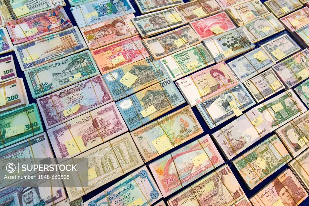 Asian banknotes at the stall of a coin dealer, World Money Fair '07, the world's largest coin fair at Estrel Convention Center, Berlin, Germany, Europ...