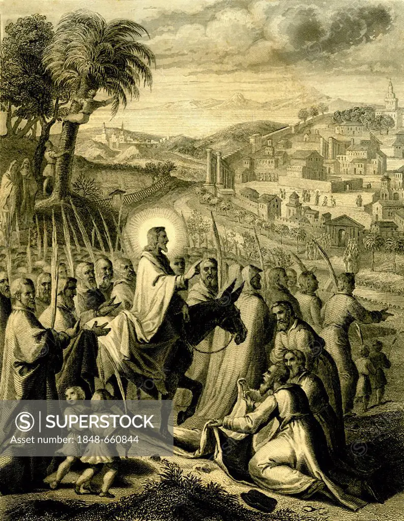 Jesus on Palm Sunday Pentecostes, biblical scene, historical print from 1876