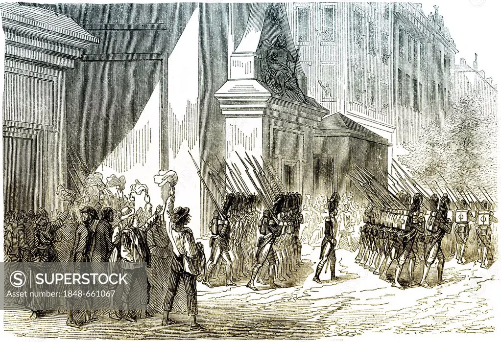 Historic drawing, 19th century, scene from the history of France, the army returning after the defeat of Napoleon, 1815