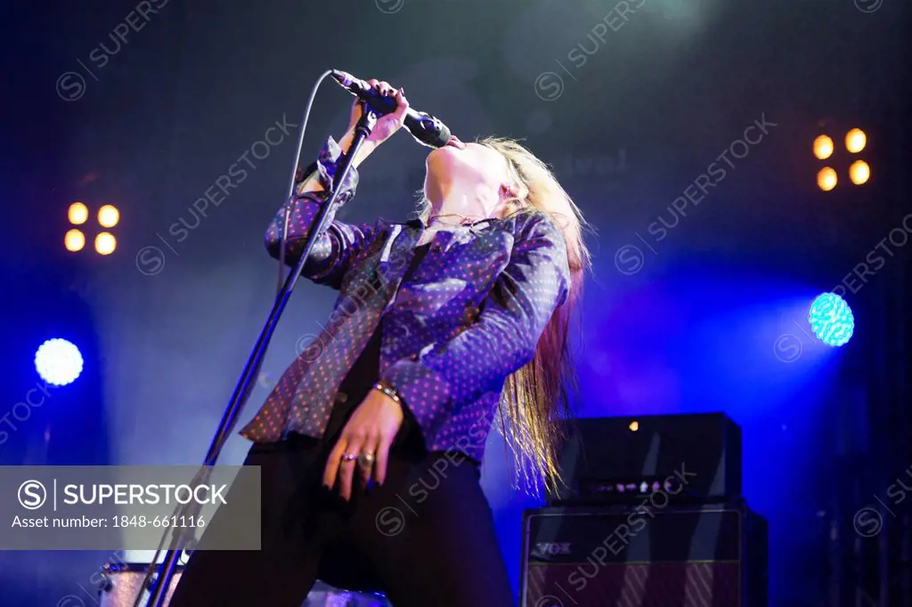 Singer Alison Mosshart of the Anglo-American rock band The Kills performing live at Luzernersaal of the KKL during the Blue Balls Festival, Lucerne, S...