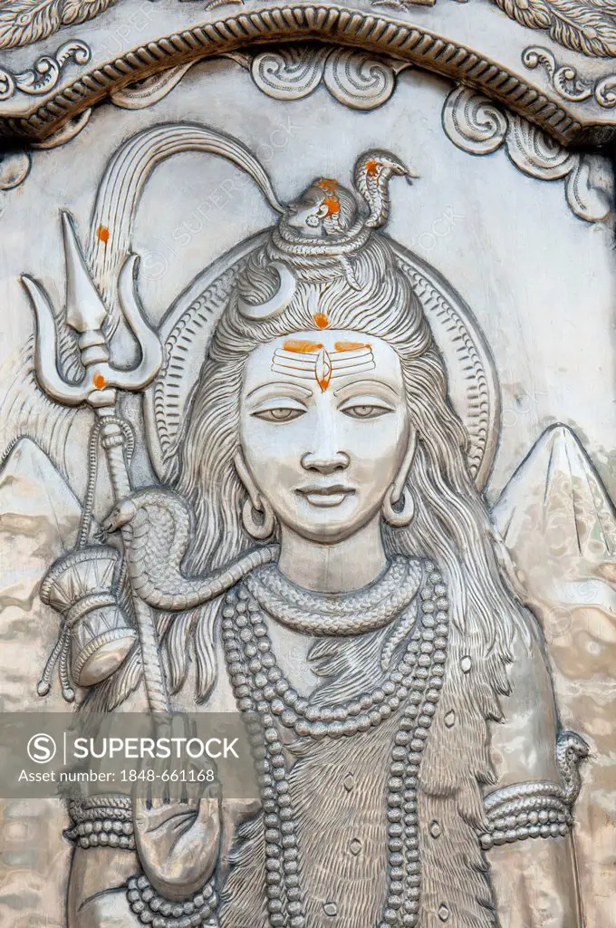 Hinduism, studded silver, God Shiva with a trident, god of creation and destruction, Durgiana Mandir Vishnu Temple, Amritsar, Punjab, India, South Asi...
