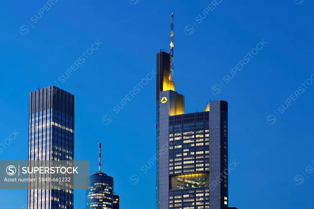 View towards Commerzbank Tower, European Central Bank, ECB, the Hessische Landesbank and Main Tower, Frankfurt am Main, Hesse, Germany, Europe