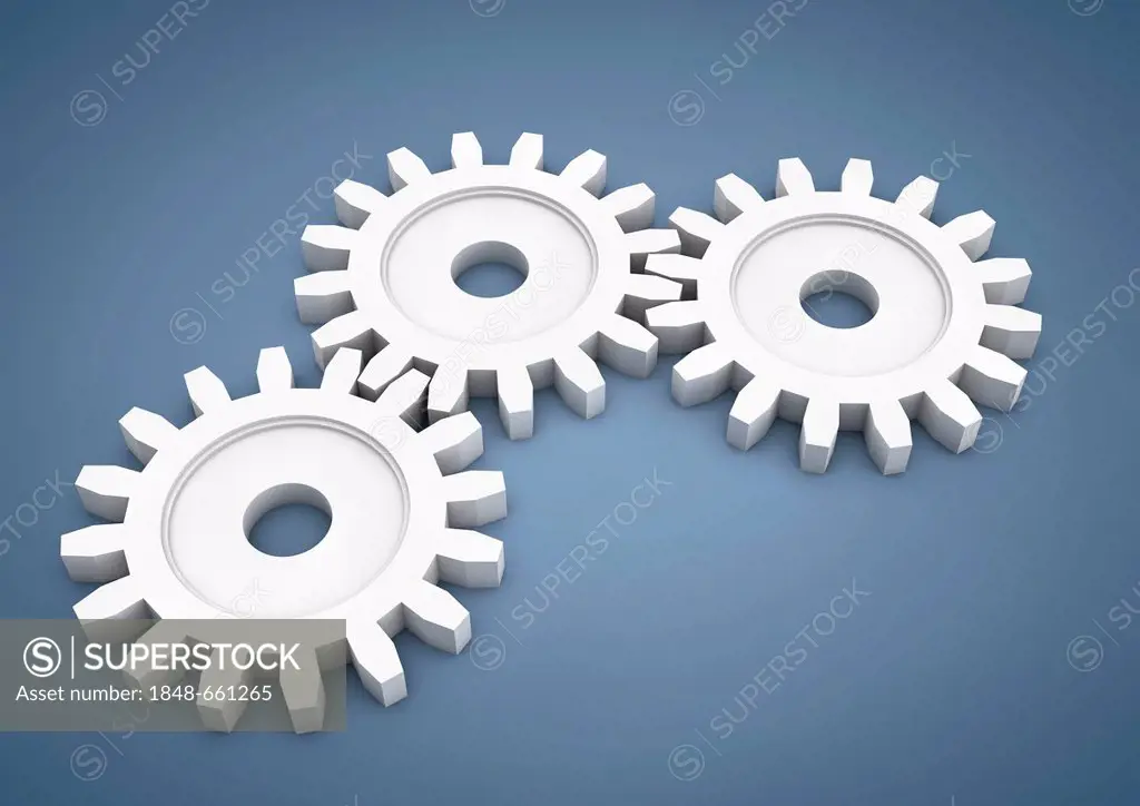 Connecting gears, for teamwork, performance through collaboration, 3D illustration