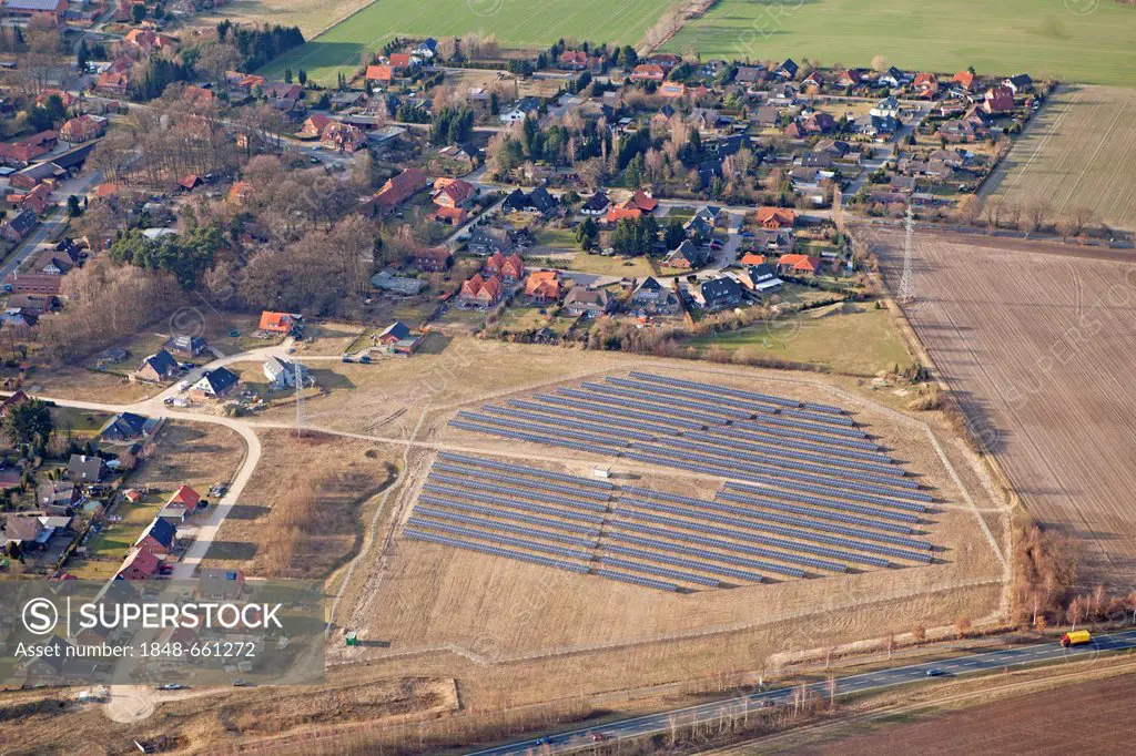 Solar farm in Oerzen near Lueneburg, Lower Saxony, Germany, Europe